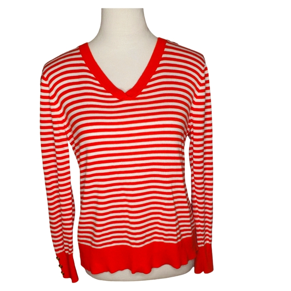 🦋C&K Candy Cane Striped  Cotton Blend V Neck Top With Button Detail On Sleeves